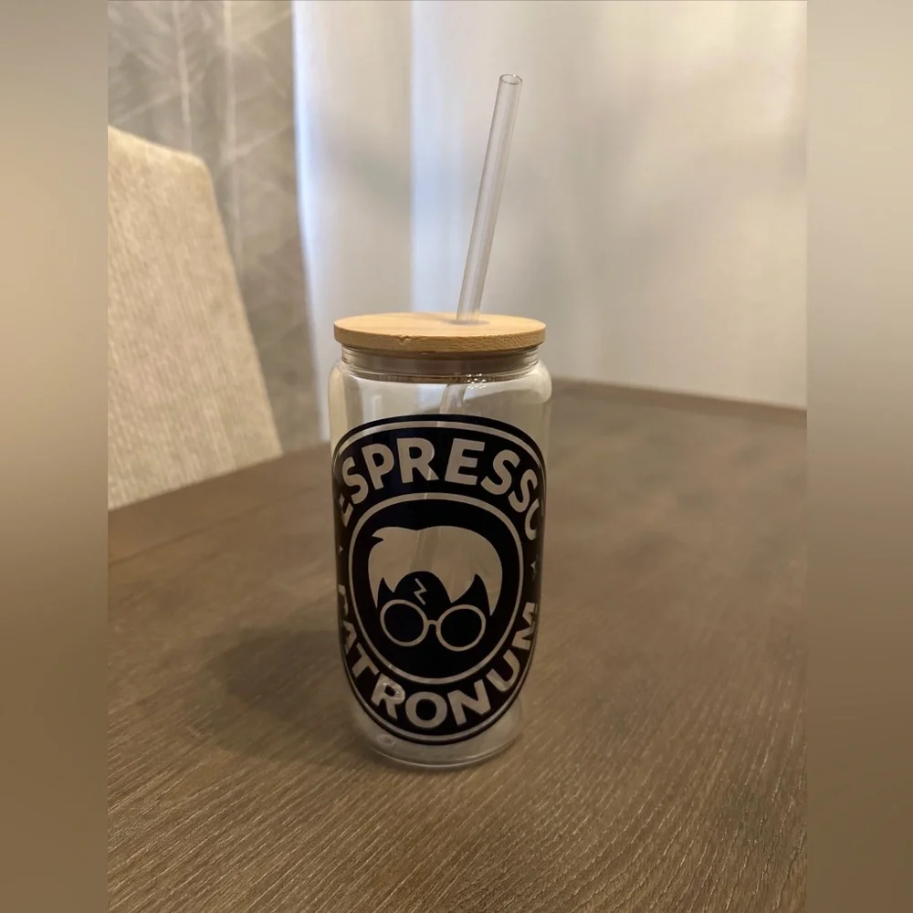 Harry Potter‎ Espresso Patronum Glass Can Tumbler 16oz Bamboo Lid And Straw